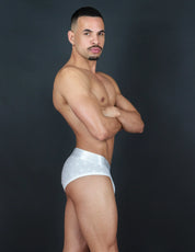 Gay Male model wearing white underwear briefs also called white panties, made from cotton and modal fabric