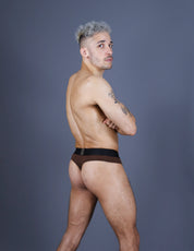 Gay man wearing brown thongs underwear- men thongs