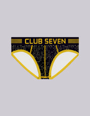 Men's low-rise briefs featuring a black and gold geometric dot pattern with a prominent black waistband 