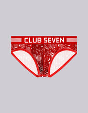 Men's low-rise briefs featuring a red and white geometric pattern with a prominent red waistband 