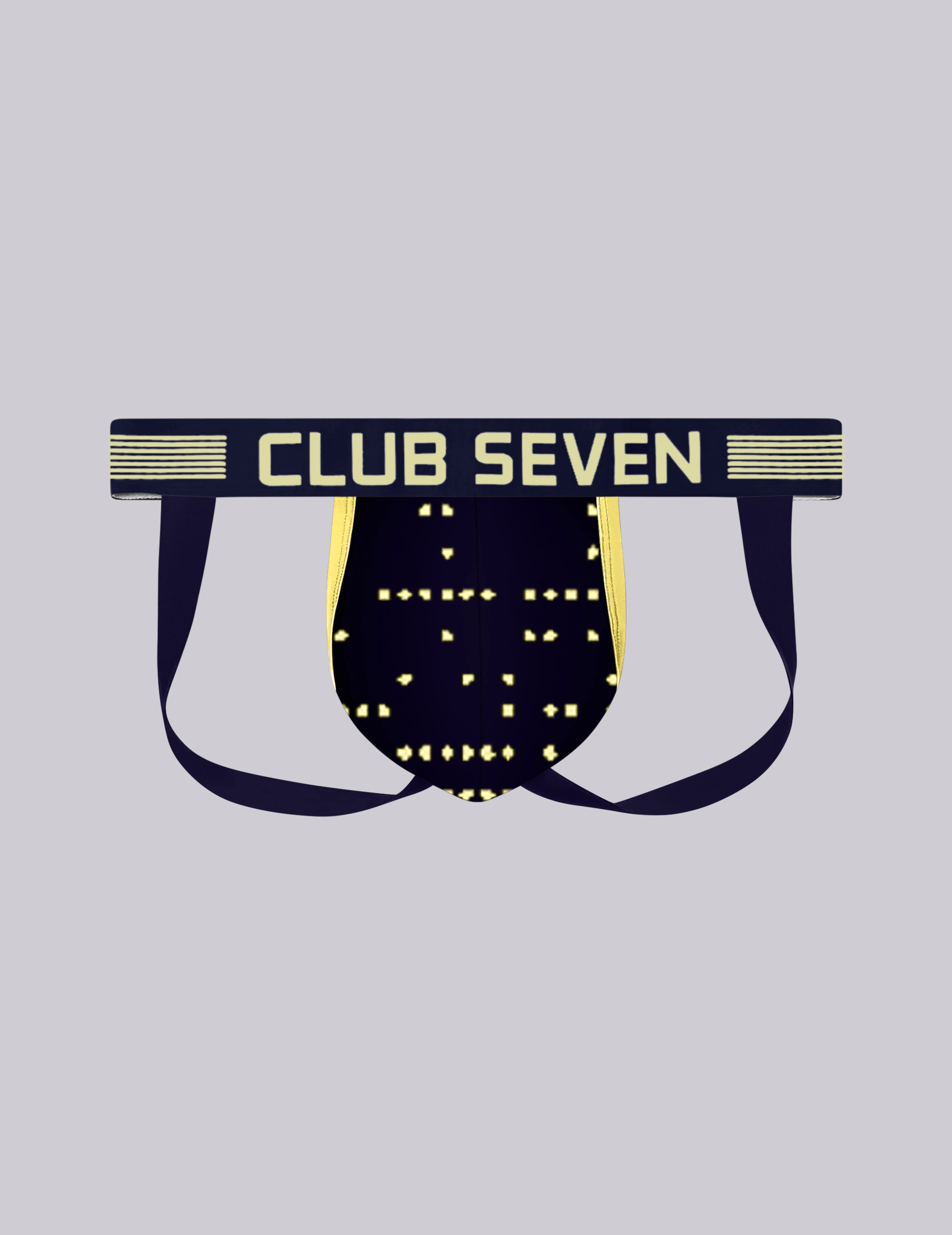 A pair of jockstraps with a large pouch decorated with gold dots and a Braille-style pattern. Featuring a navy blue base with gold accents, designed in the UK