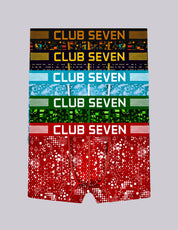 A pair of 5 men's trunks with a vibrant, stacked multicolor pattern featuring the brand name 'CLUB SEVEN' in bold text across different colour bands: black, blue, green, and red.