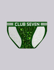 Green and white patterned men's sports briefs with a wide waistband featuring the text 'CLUB SEVEN' in white, with a big pouch
