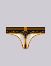 A pair of men's thong-style print underwear with a black and gold patterned waistband, 