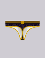 A pair of men's thong-style print underwear with a black and gold patterned waistband, 