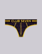A pair of men's thong-style print underwear with a black and gold patterned waistband