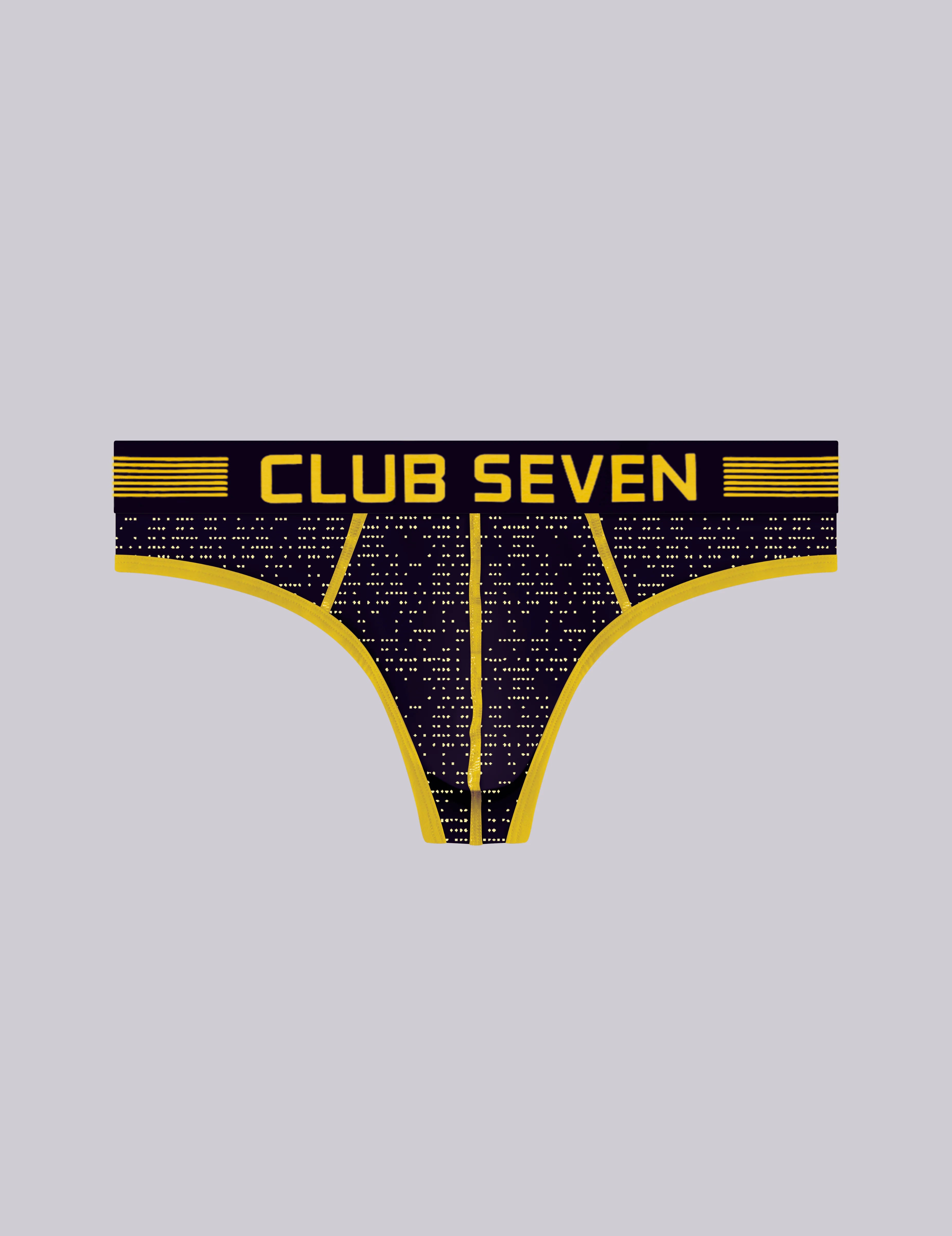 A pair of men's thong-style print underwear with a black and gold patterned waistband