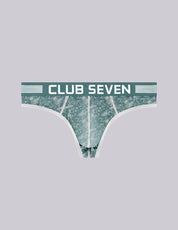 A pair of men's thong-style underwear with a teal and white floral pattern, featuring a big pouch 