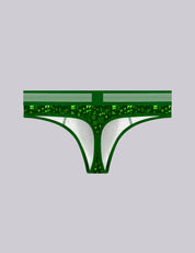 A pair of men's green thong-style print patterned underwear with a big pouch