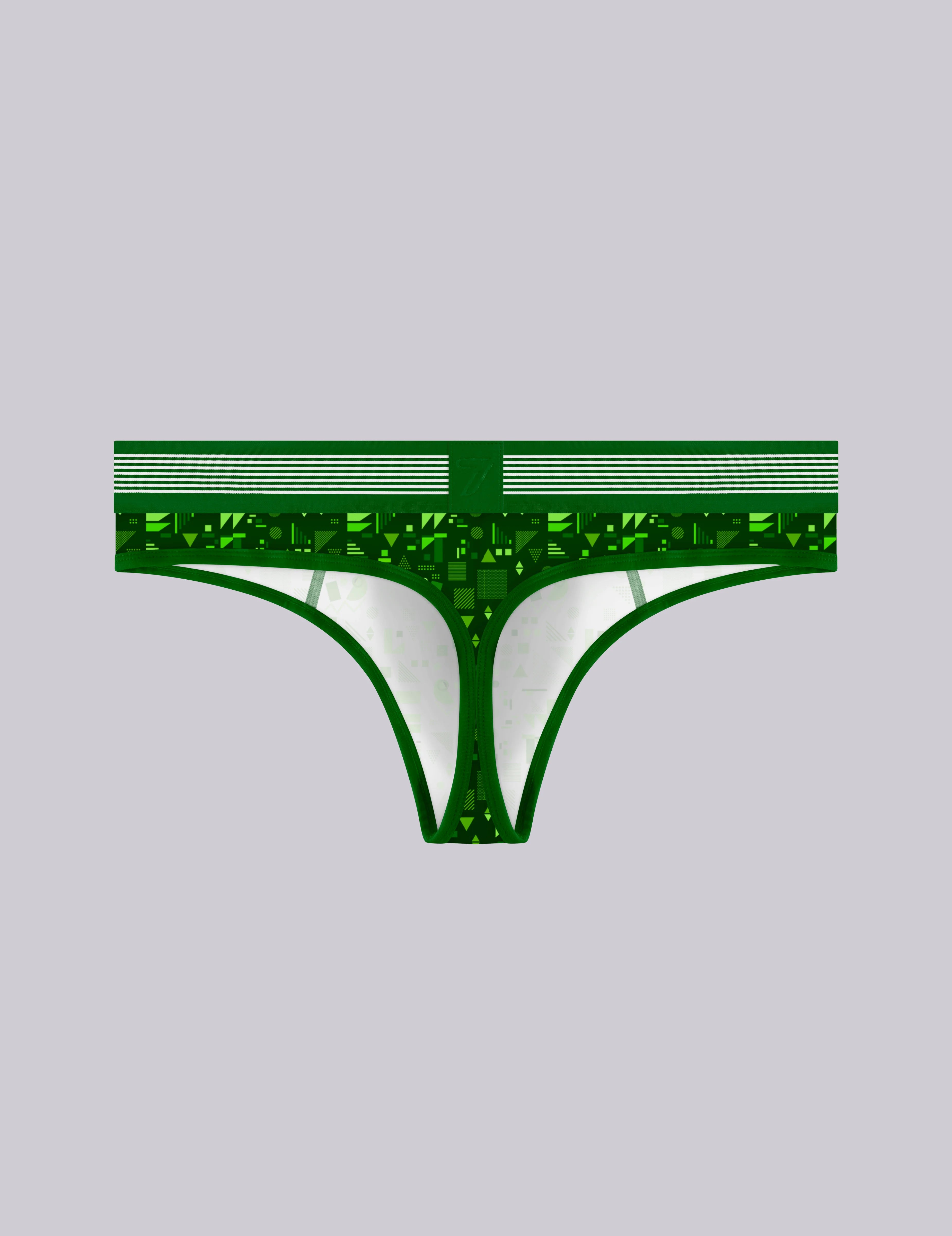 A pair of men's green thong-style print patterned underwear with a big pouch