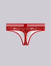 A pair of men's thong-style print underwear with a red and white patterned waistband, 