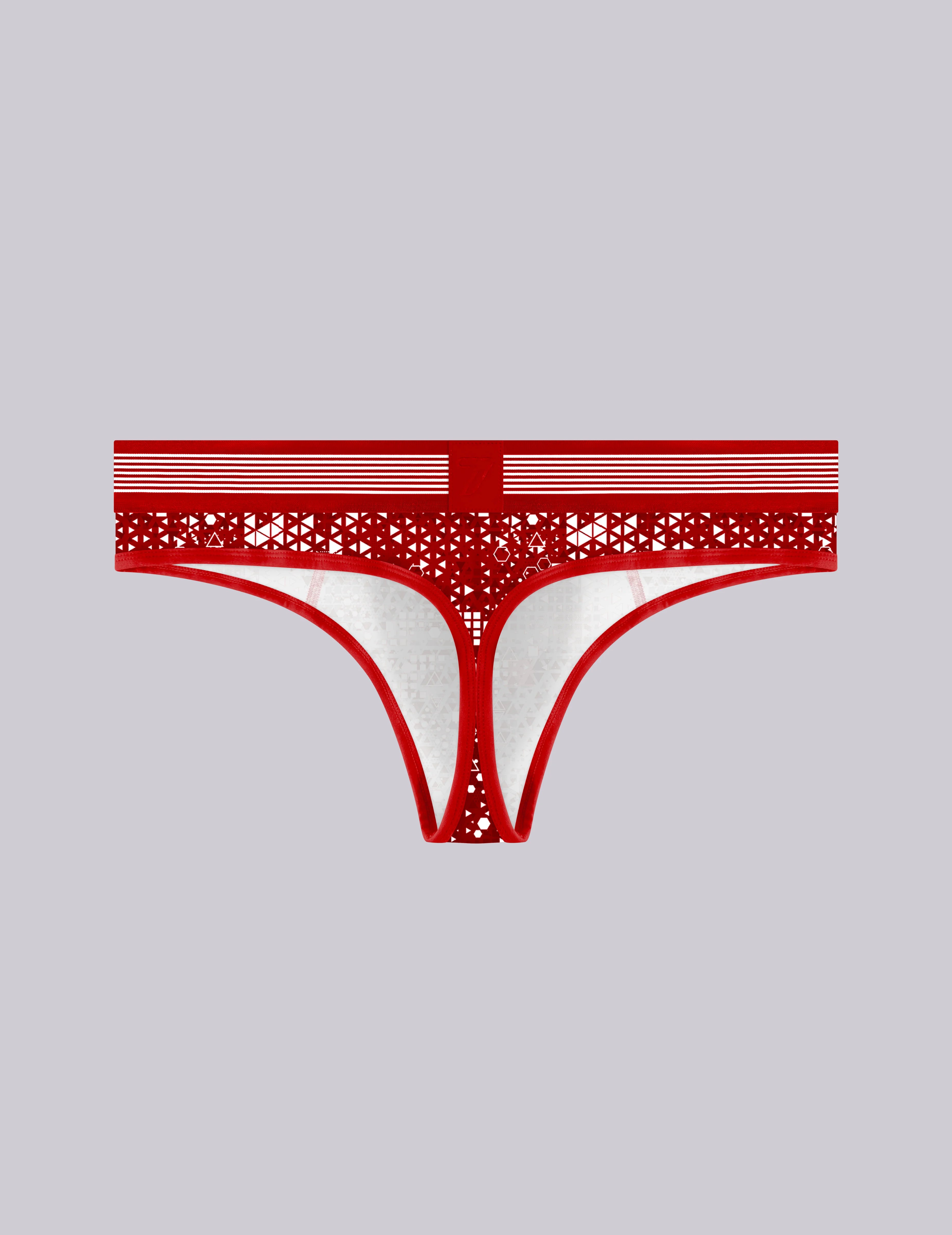 A pair of men's thong-style print underwear with a red and white patterned waistband, 