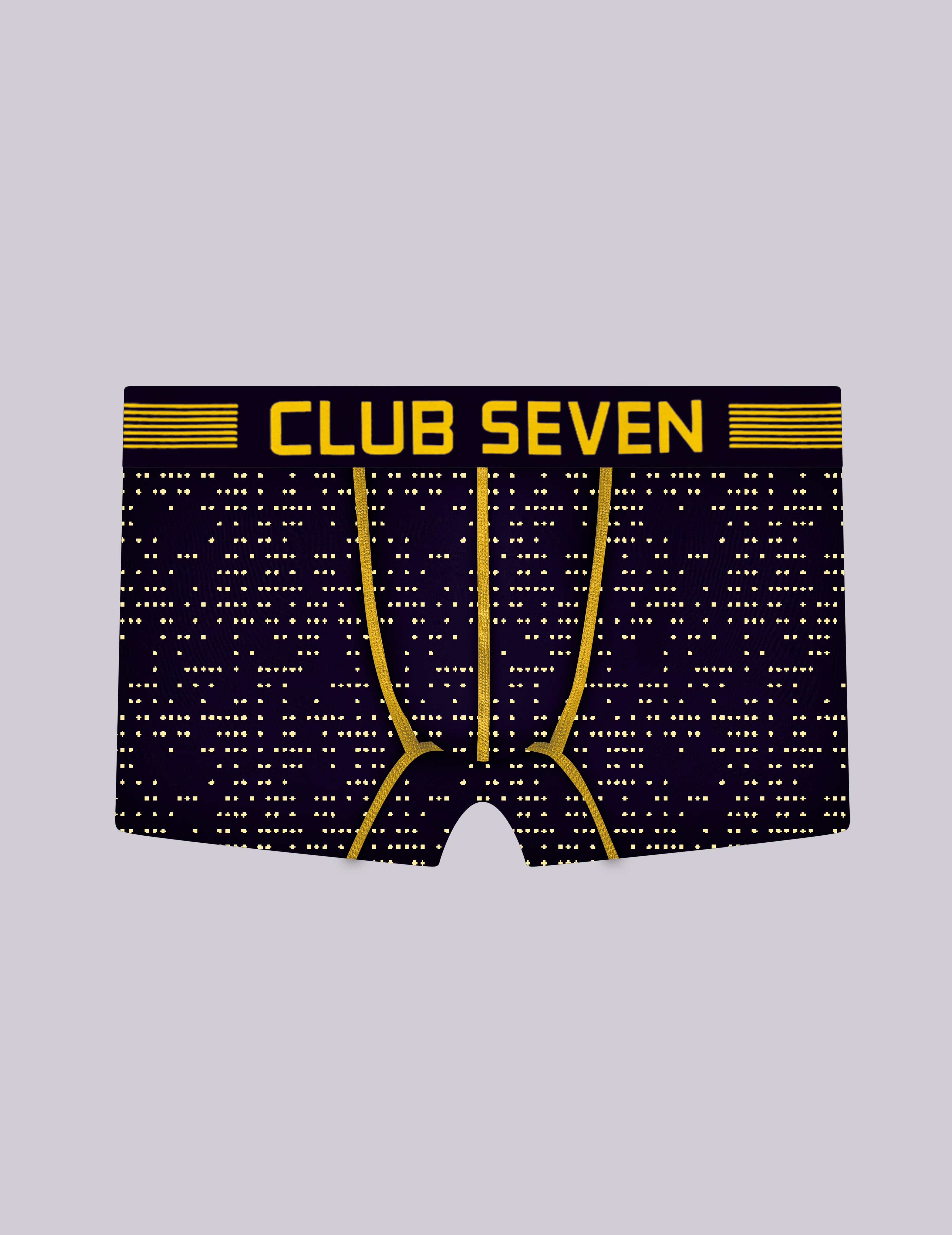A pair of men's boxer trunks  featuring a dark navy blue base with a gold pixelated pattern and a prominent gold waistband that reads 'CLUB SEVEN'.
