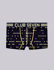 A pair of men's boxer briefs with a big pouch by Club Seven, featuring a dark navy blue base with a yellow geometric pattern and the brand name 'CLUB SEVEN' printed in yellow on the front waistband.