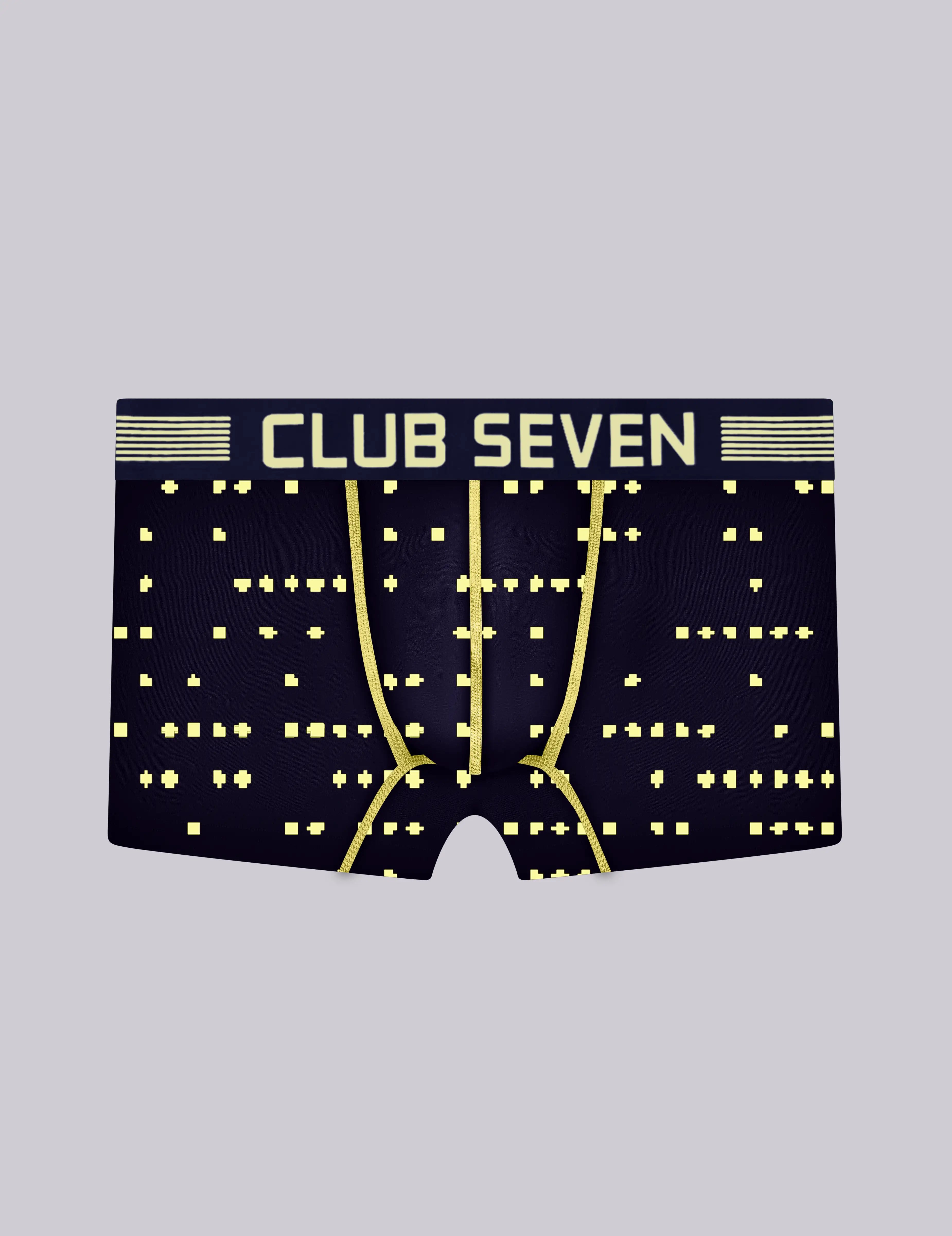 A pair of men's boxer briefs with a big pouch by Club Seven, featuring a dark navy blue base with a yellow geometric pattern and the brand name 'CLUB SEVEN' printed in yellow on the front waistband.