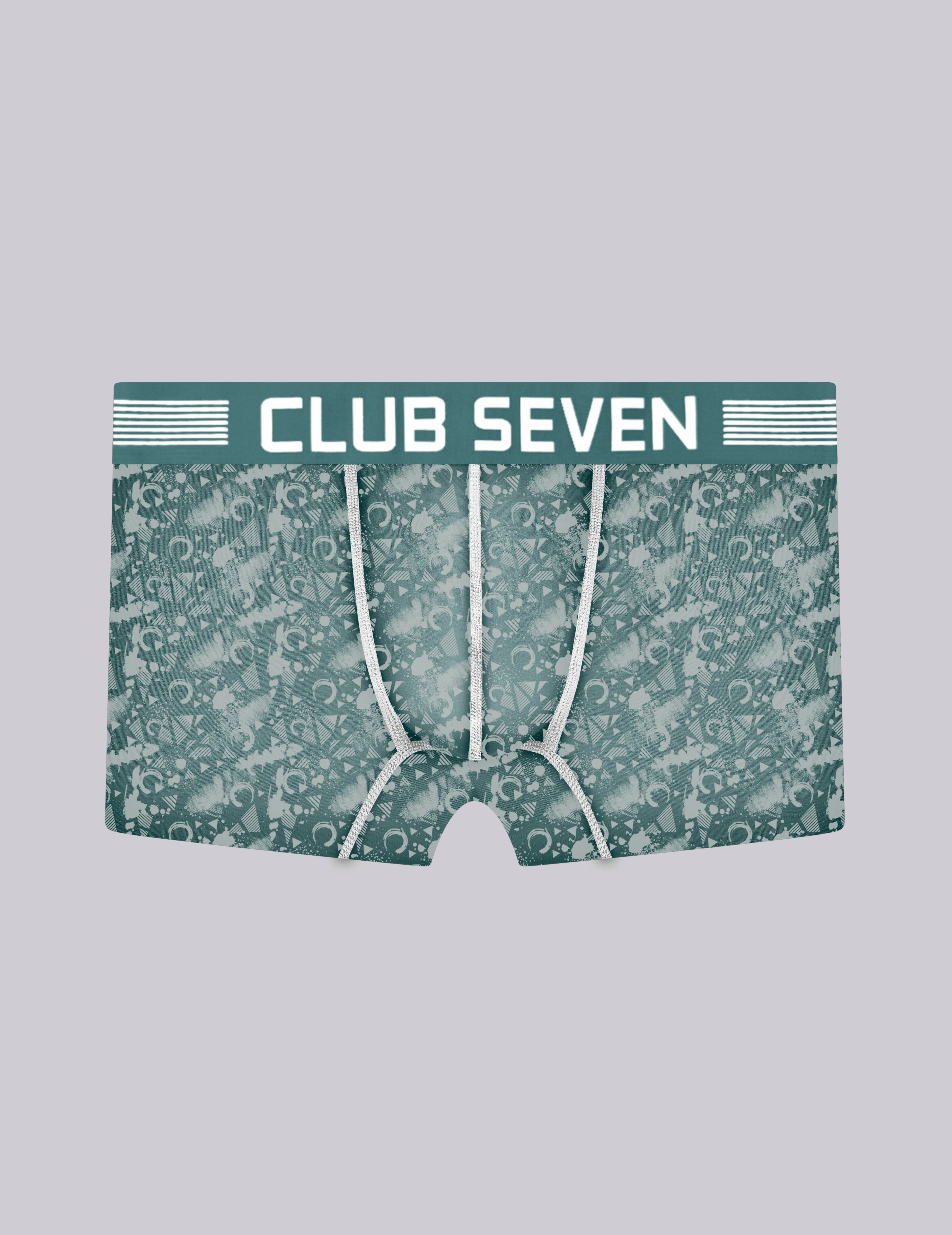 A pair of men's boxer trunks by Club Seven, featuring a teal and white damask pattern with a solid teal waistband and white drawstrings, shown flat on a light gray background.