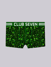 A pair of men's boxer trunks featuring a bold green and black geometric pattern with a big pouch