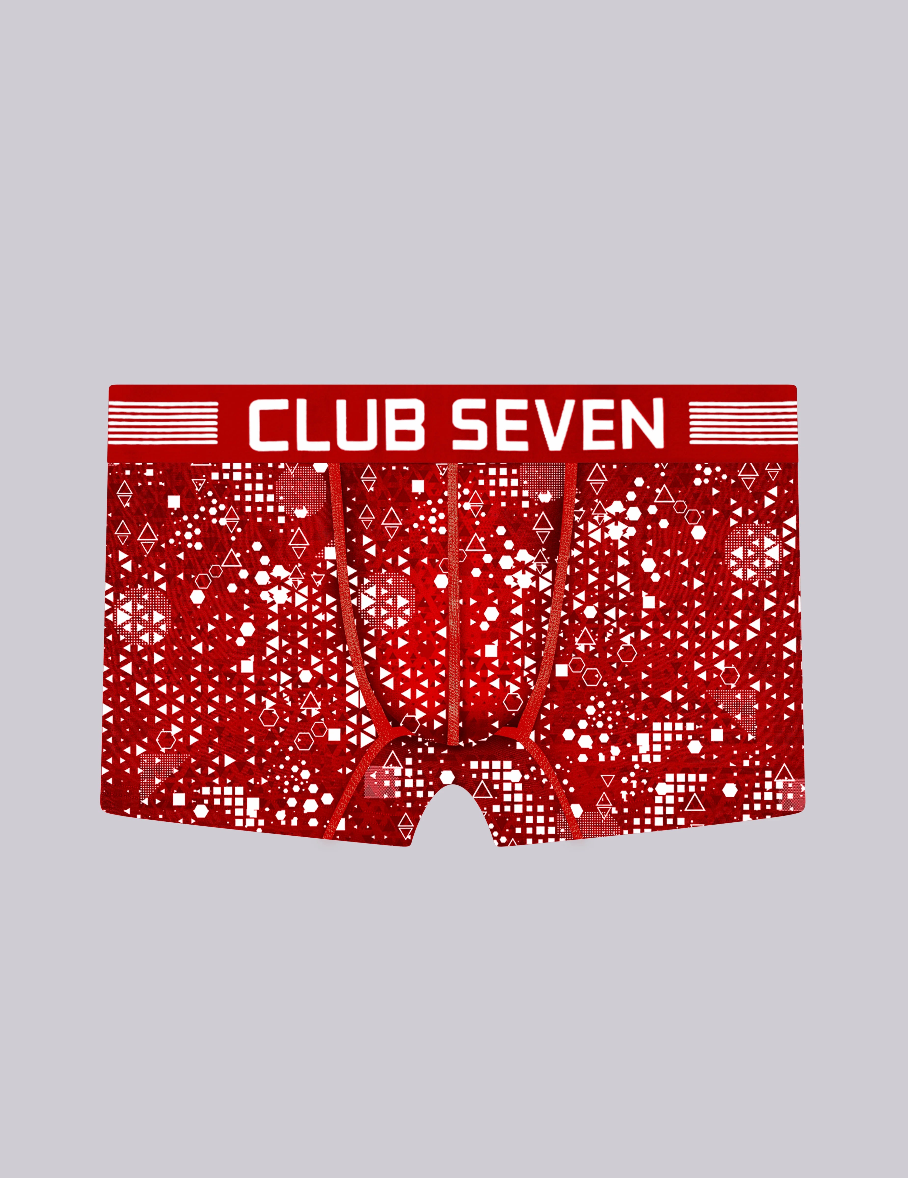 Red boxer Trunks with a white geometric pattern and a wide waistband 