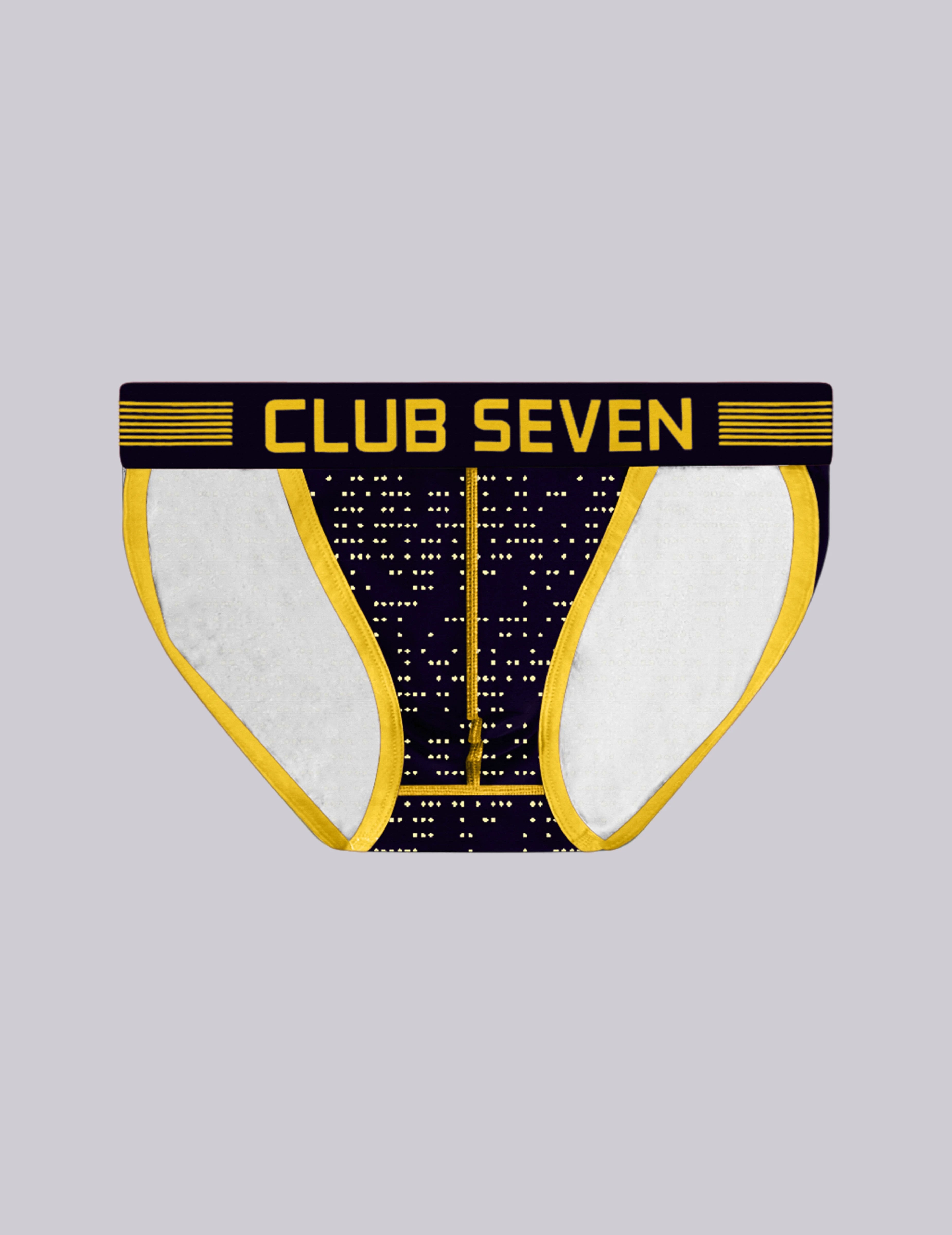 Men's geometric patterned briefs featuring a black and gold prints 