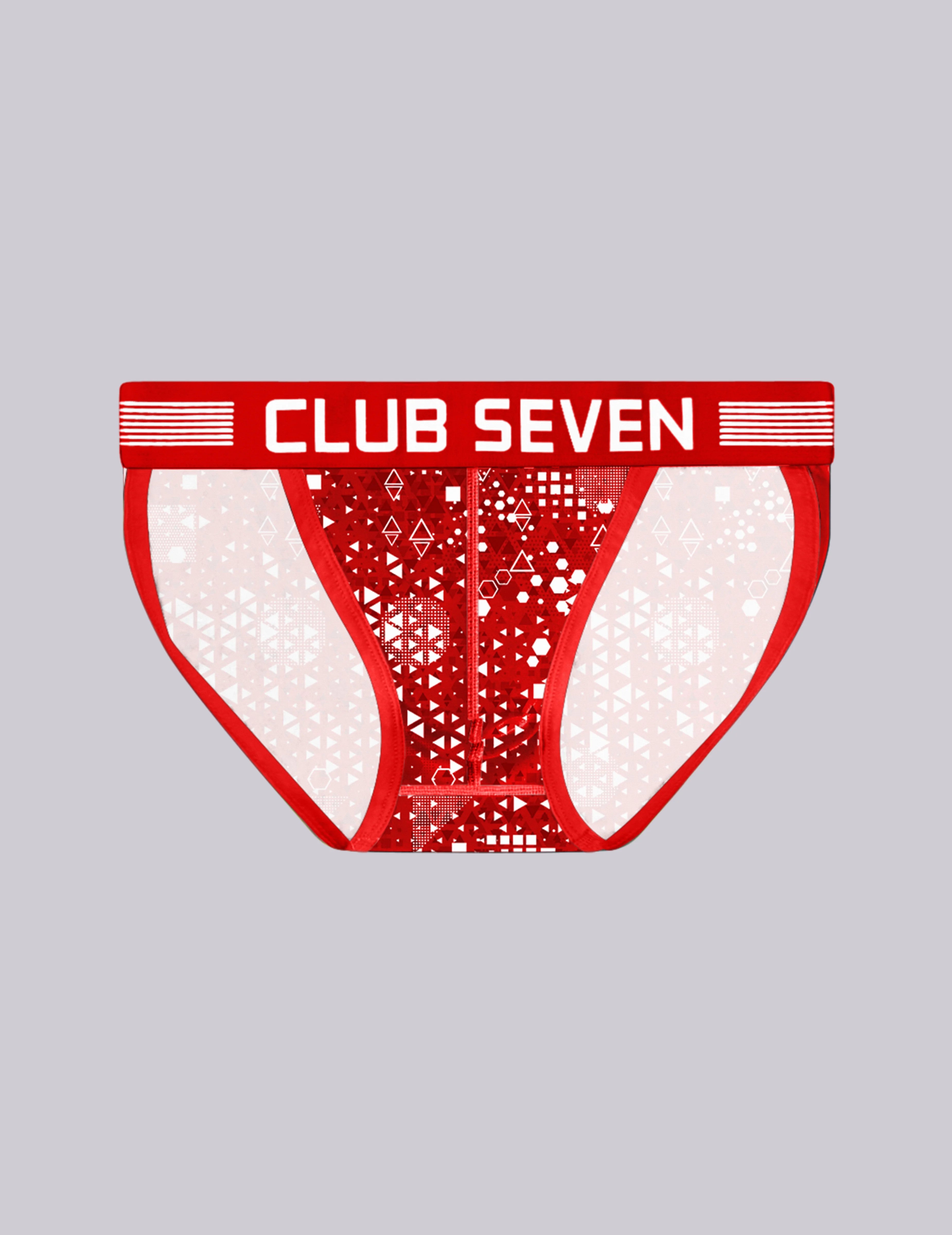 Red and white patterned sports briefs with a wide red waistband featuring the white text 'CLUB SEVEN'.