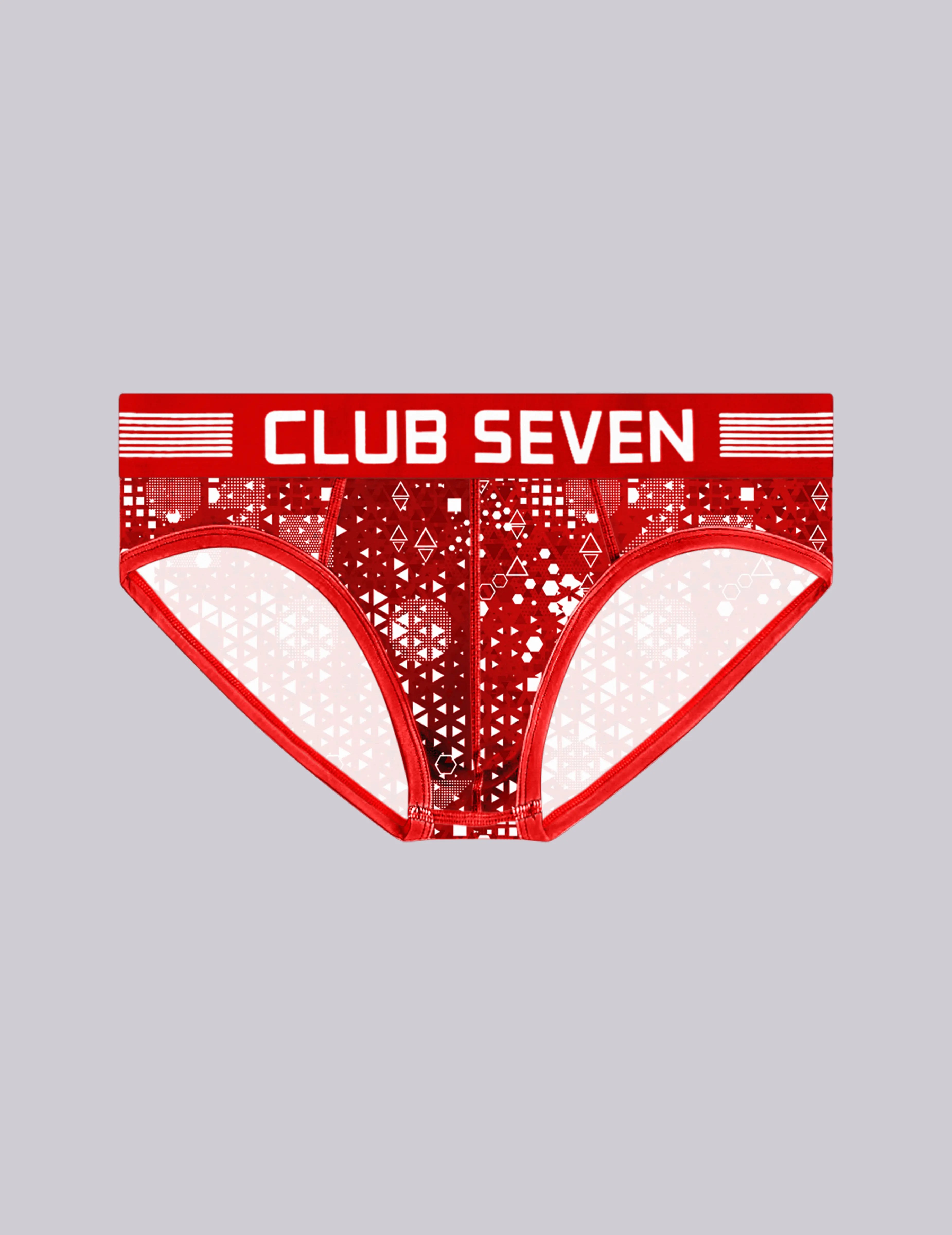 Men's low-rise briefs featuring a red and white geometric pattern with a prominent red waistband 