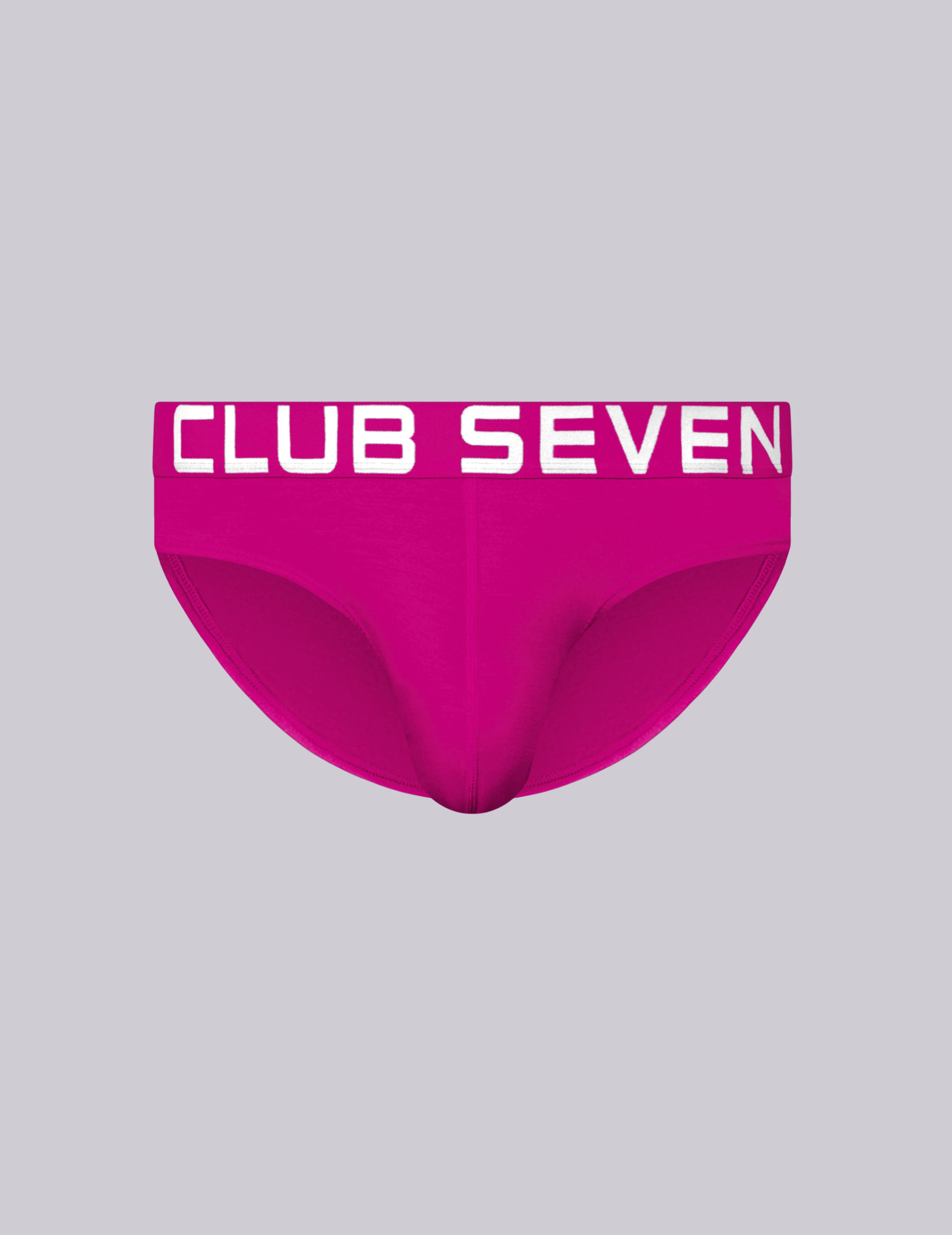 pink briefs underwear with 'CLUB SEVEN' branding for men with big penis and well-endowed