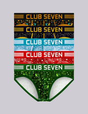 A pair of five low-rise briefs featuring a stacked design of four different colorful  patterns, each with the text 'CLUB SEVEN' printed across it from the UK. 