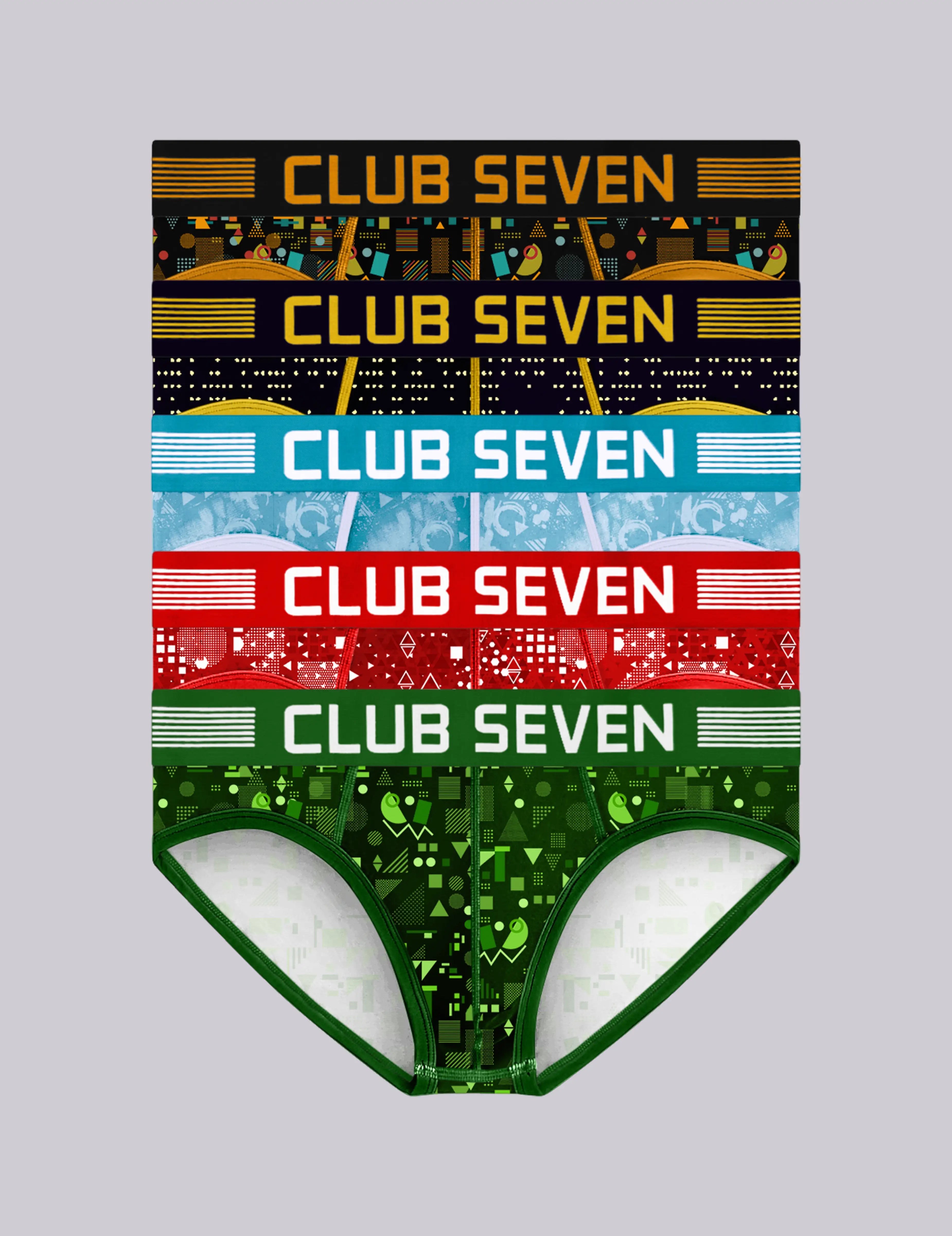 A pair of five low-rise briefs featuring a stacked design of four different colorful  patterns, each with the text 'CLUB SEVEN' printed across it from the UK. 
