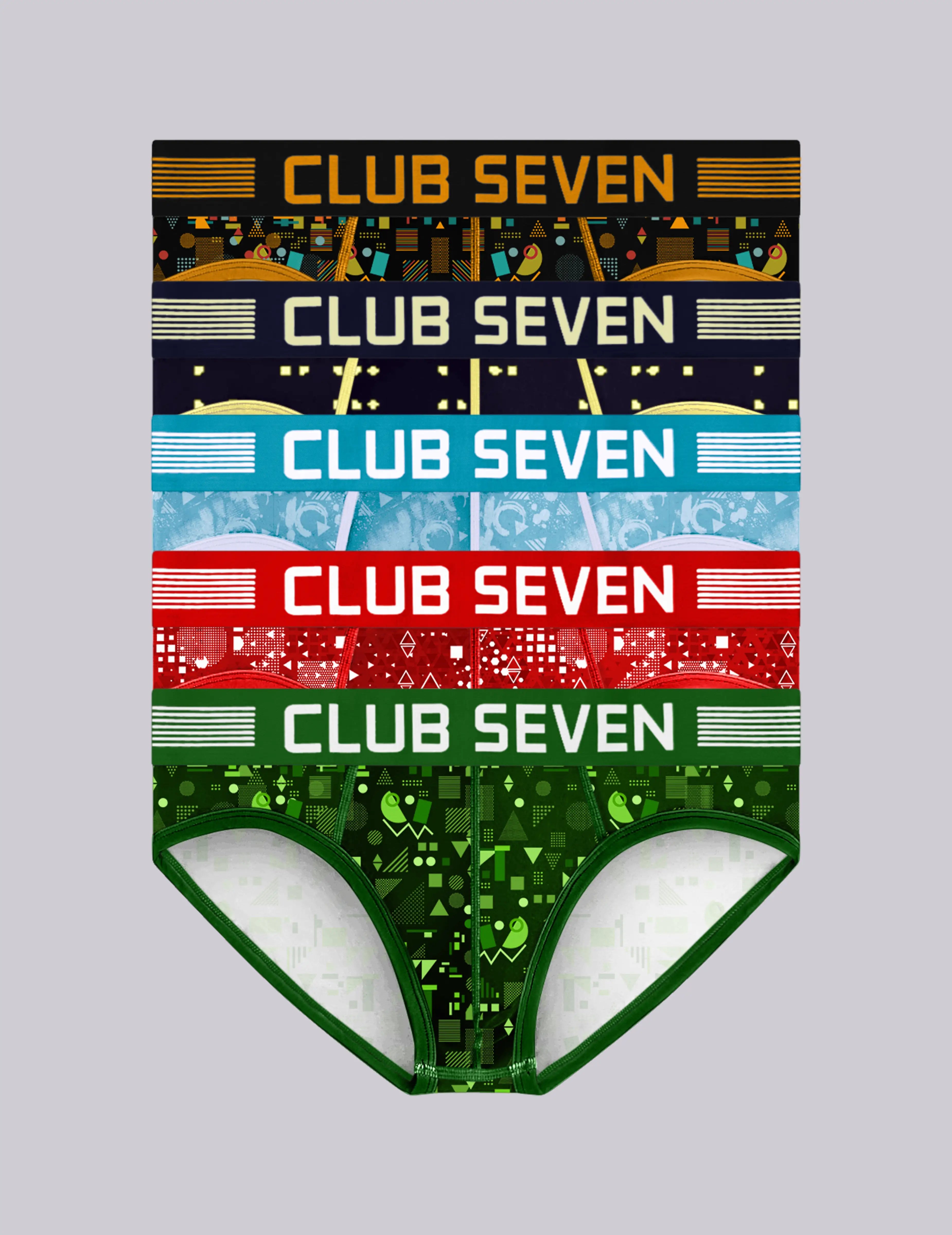 Five pairs of men's briefs stacked vertically, each with a different vibrant patterned waistband featuring the 'CLUB SEVEN' brand name. The waistbands are black, navy, light blue, and red, while the leg portions are green and white.