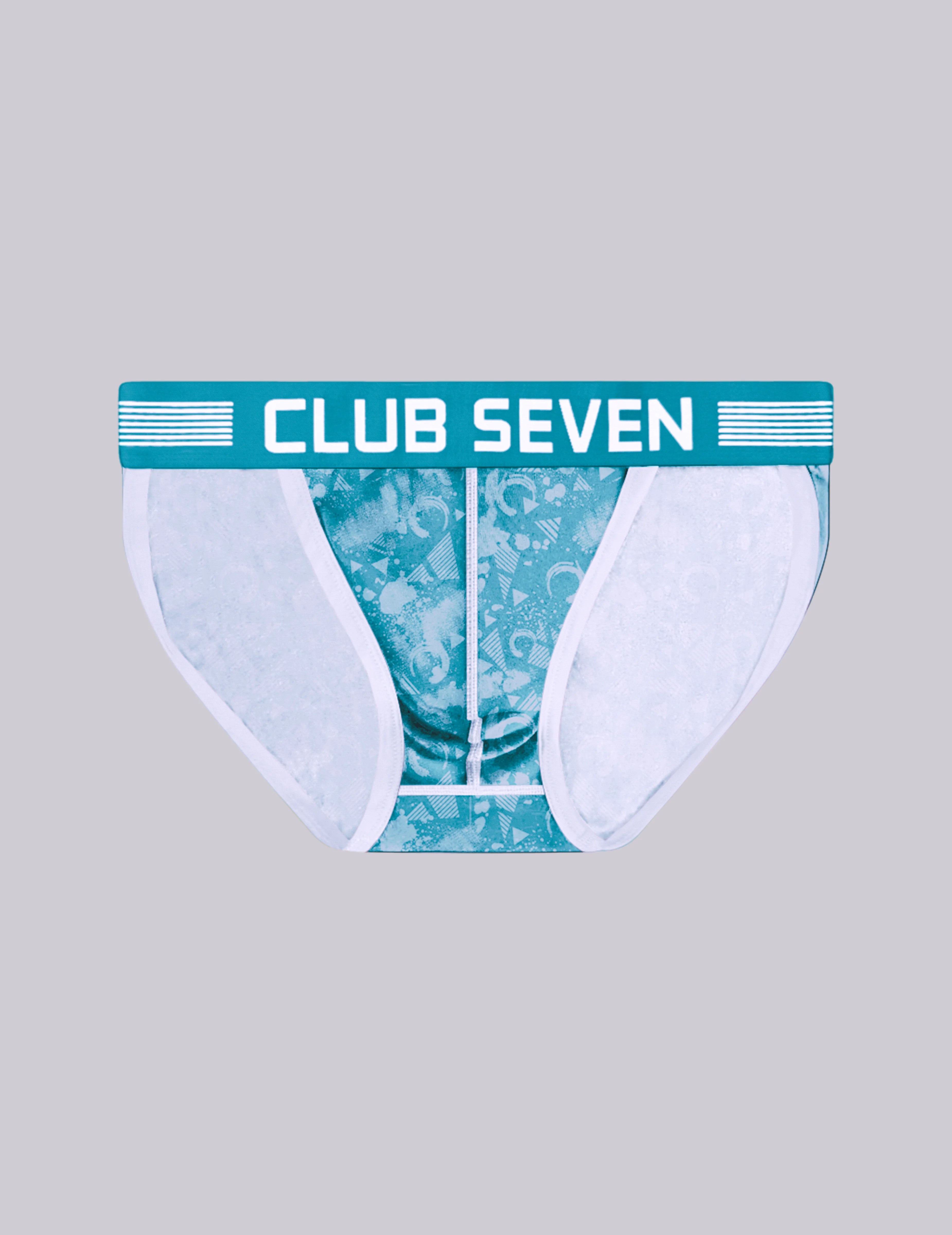 A pair of men's sports tanga briefs by Club Seven, featuring a teal and white marble pattern with a solid teal waistband that has the brand name 'CLUB SEVEN' printed in white. The inner lining is white.