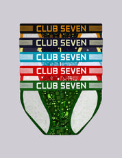 Five pairs of men's briefs stacked vertically, each with a different color and patterned leg design, featuring a matching elastic waistband with 'CLUB SEVEN' branding. The waistbands are black, navy, light blue, red, and green, and the leg designs feature various abstract patterns in green, white, red, and blue.