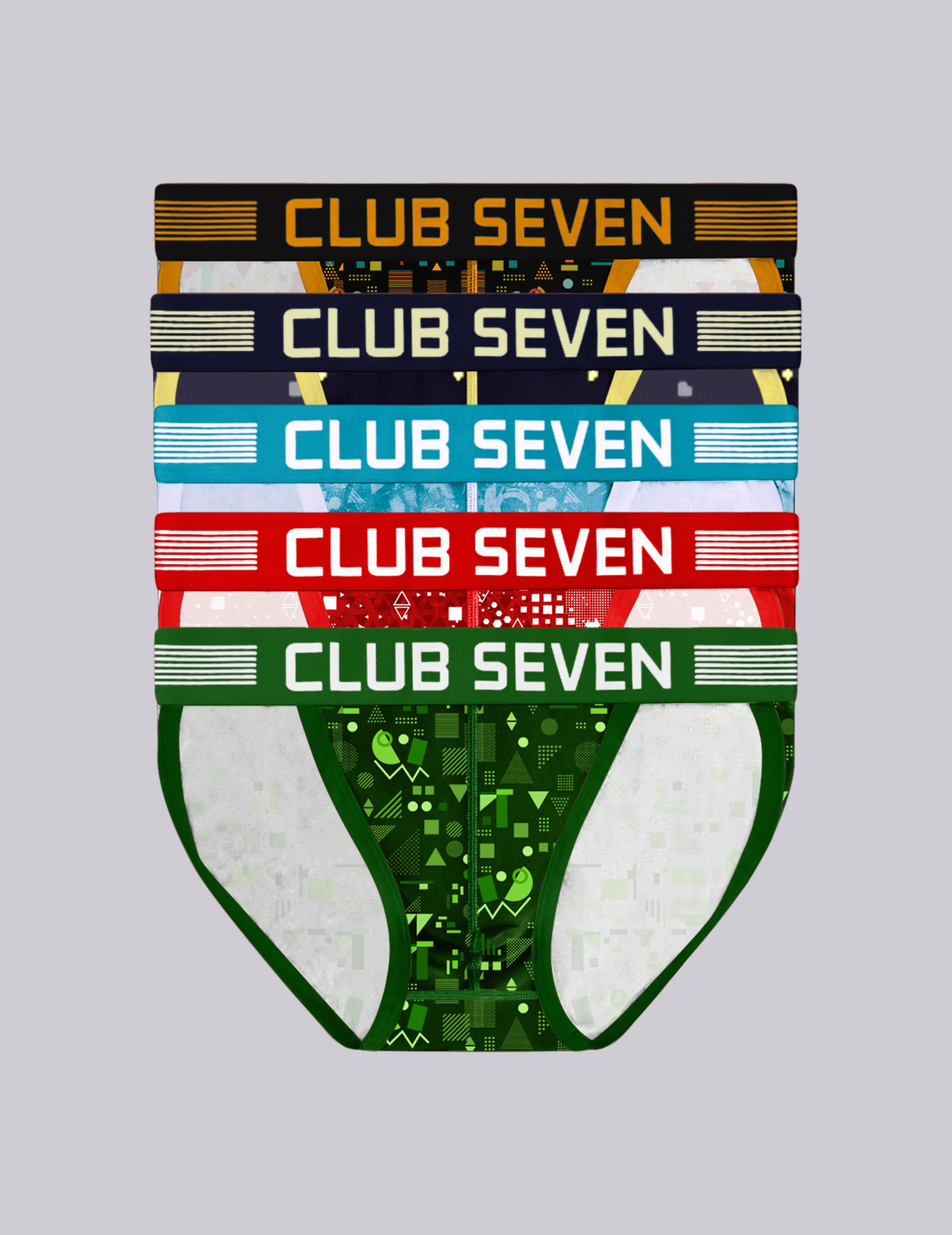 Five pairs of men's briefs stacked vertically, each with a different color and patterned leg design, featuring a matching elastic waistband with 'CLUB SEVEN' branding. The waistbands are black, navy, light blue, red, and green, and the leg designs feature various abstract patterns in green, white, red, and blue.