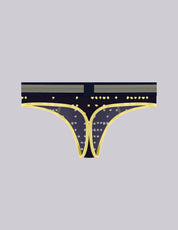 A pair of men's thongs underwear with a big pouch featuring a navy blue base with a subtle gray geometric pattern, accented by a bright yellow trim and a matching yellow waistband with thin gray horizontal stripes.