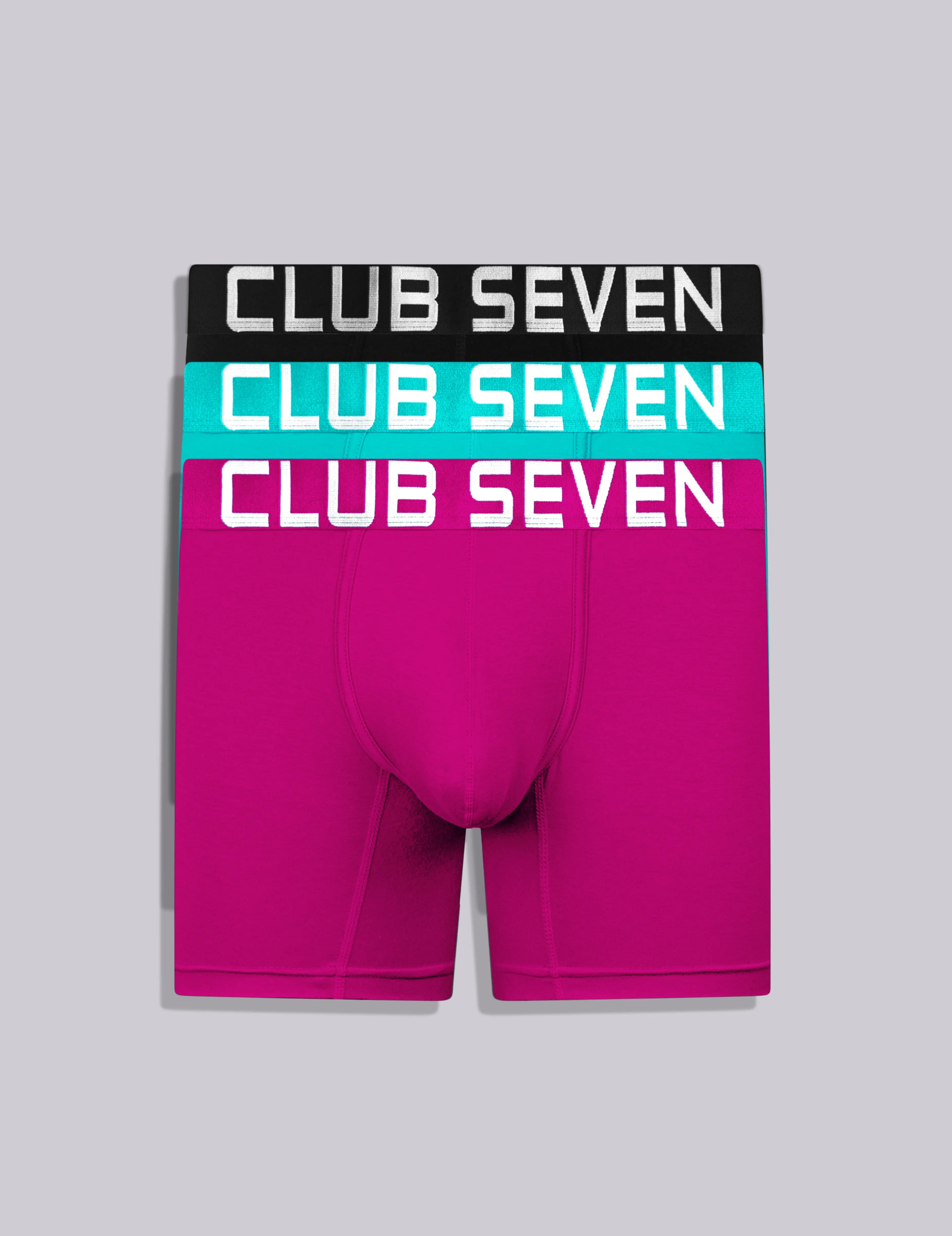 Blue boxer briefs bundle men underwear with 'CLUB SEVEN' branding for men with big penis and well-endowed