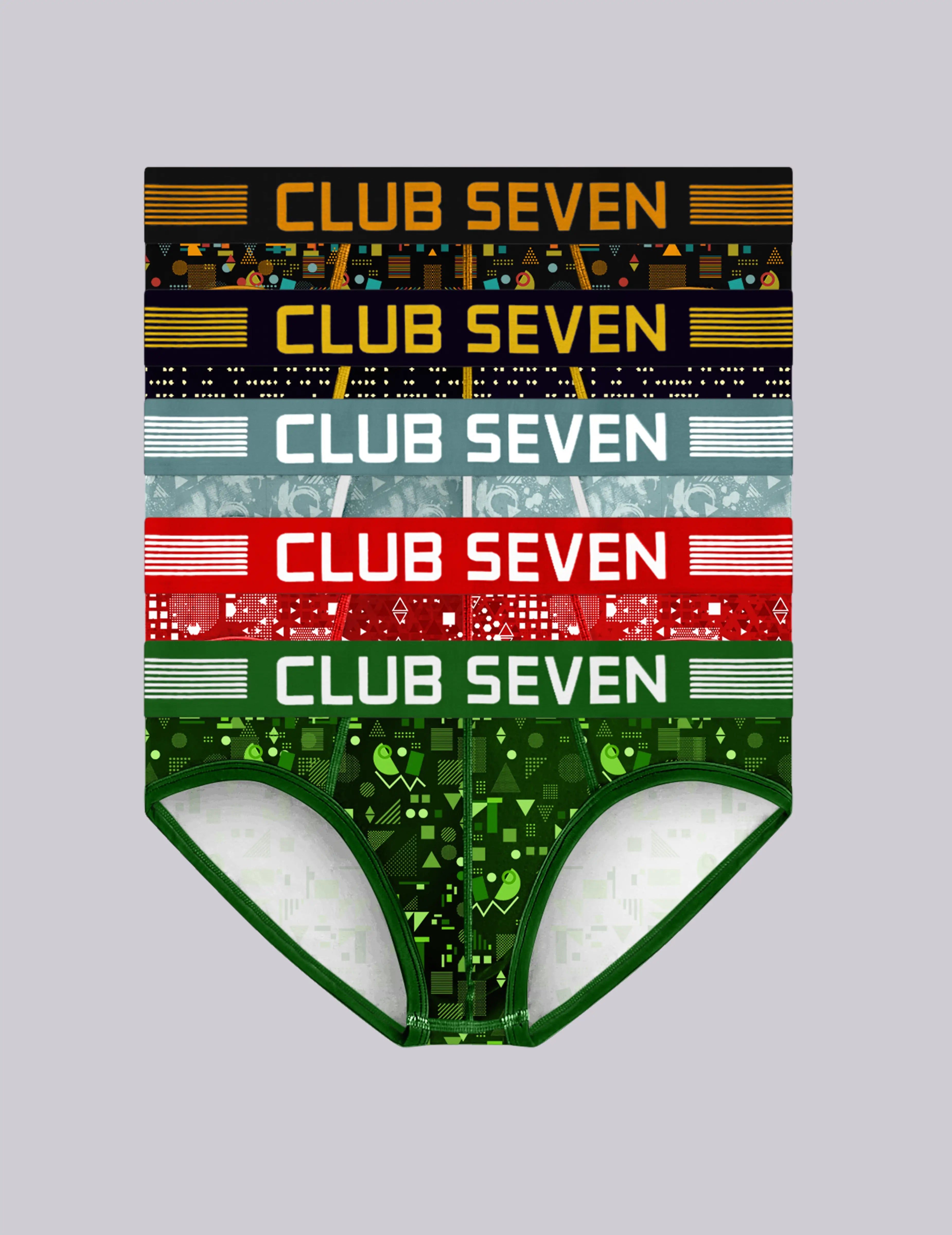 A set of five pairs of men's print briefs, each with a different colourful patterns and spacious pouch