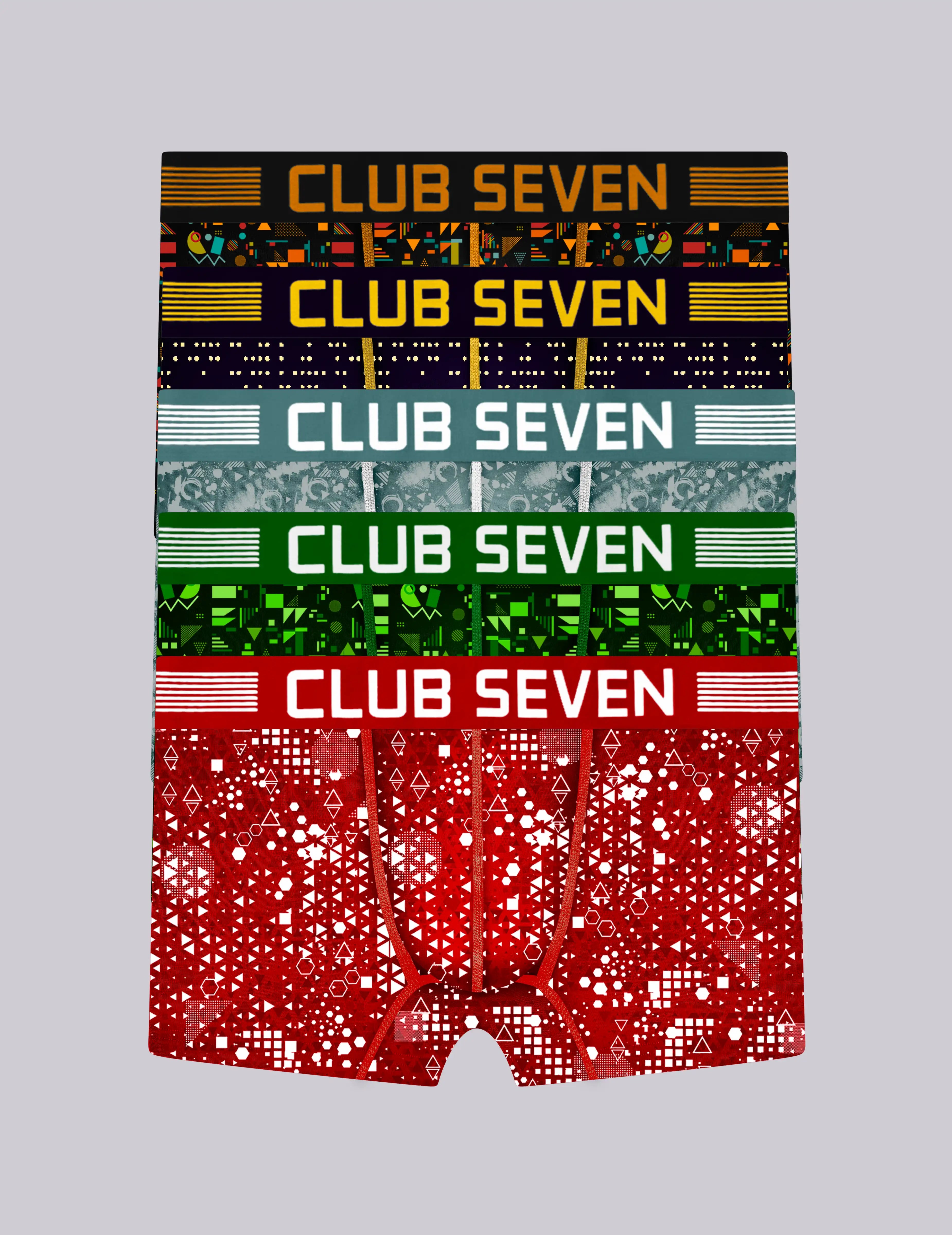 5 pairs of men's boxer trunks in geometrical print patterns and a spacious and roomy pouch